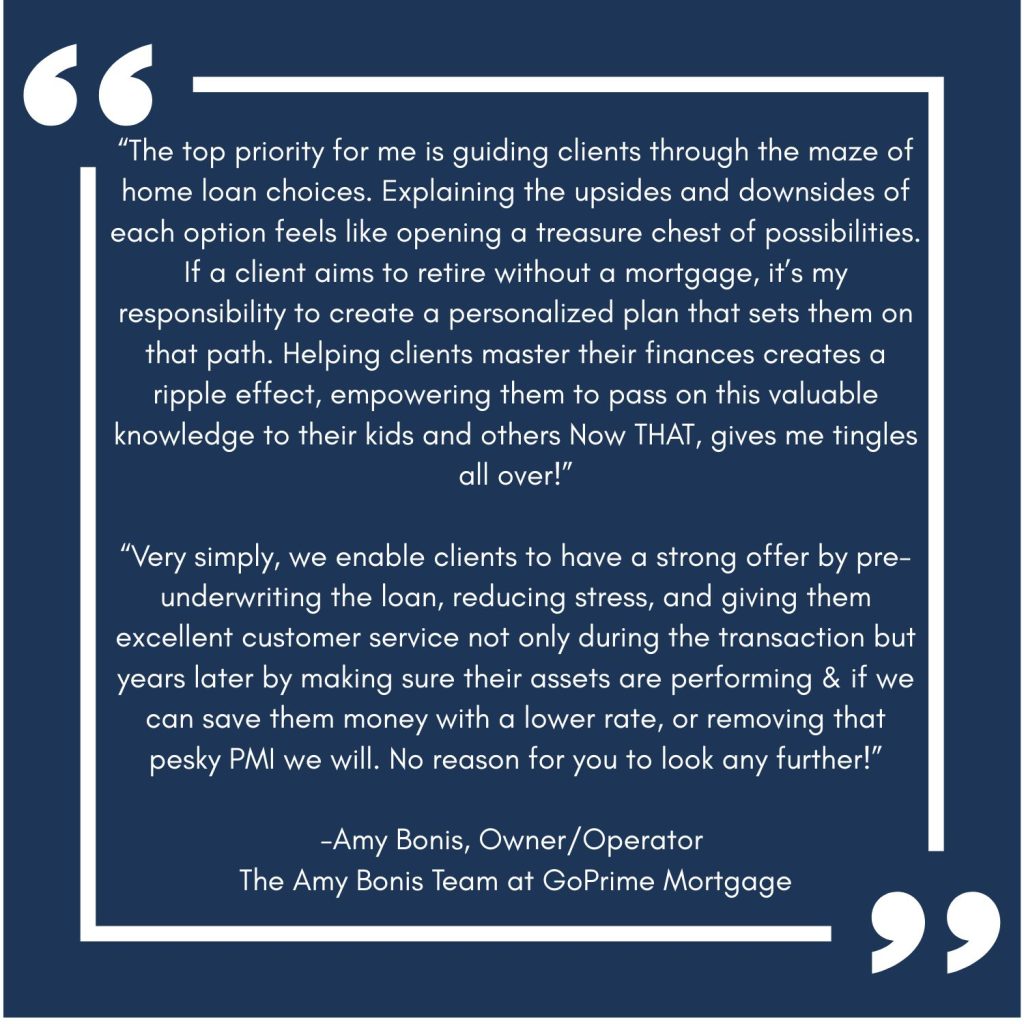 Blue testimonial poster with white border and large quotation marks; contains a quoted message about mortgage guidance, signed by Amy Bonis, Owner/Operator, GoPrime Mortgage.